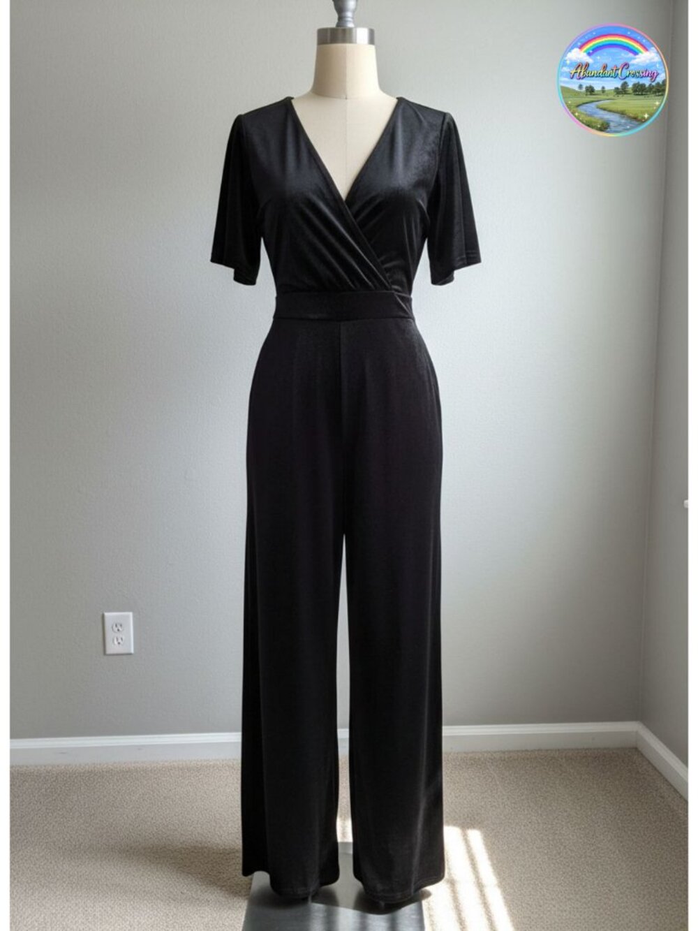 Velvet V Neck Short Sleeve Jumpsuit with Pockets Wide Leg
